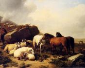 Horses And Sheep By The Coast - 尤金·约瑟夫·维保盖文